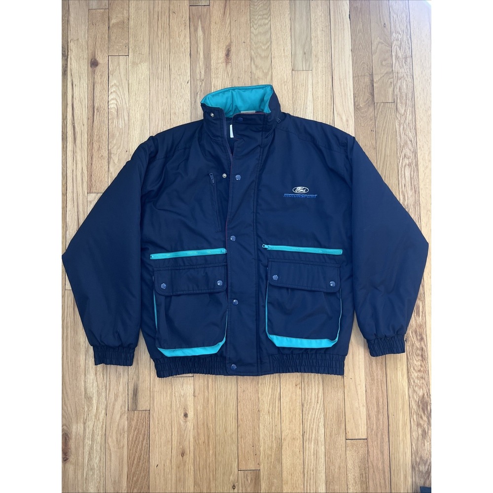 Vtg 80s Official Ford Motorsport Jacket Dark Navy Blue With Stow Away Hood‎ Sz M